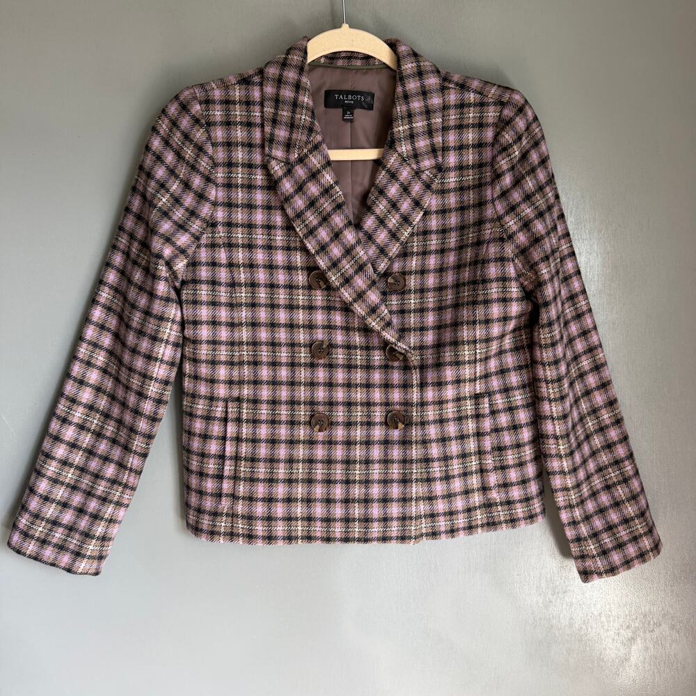 TALBOTS Women's 2P Purple Plaid Tweed Double Breasted Blazer Preppy Classic NWOT